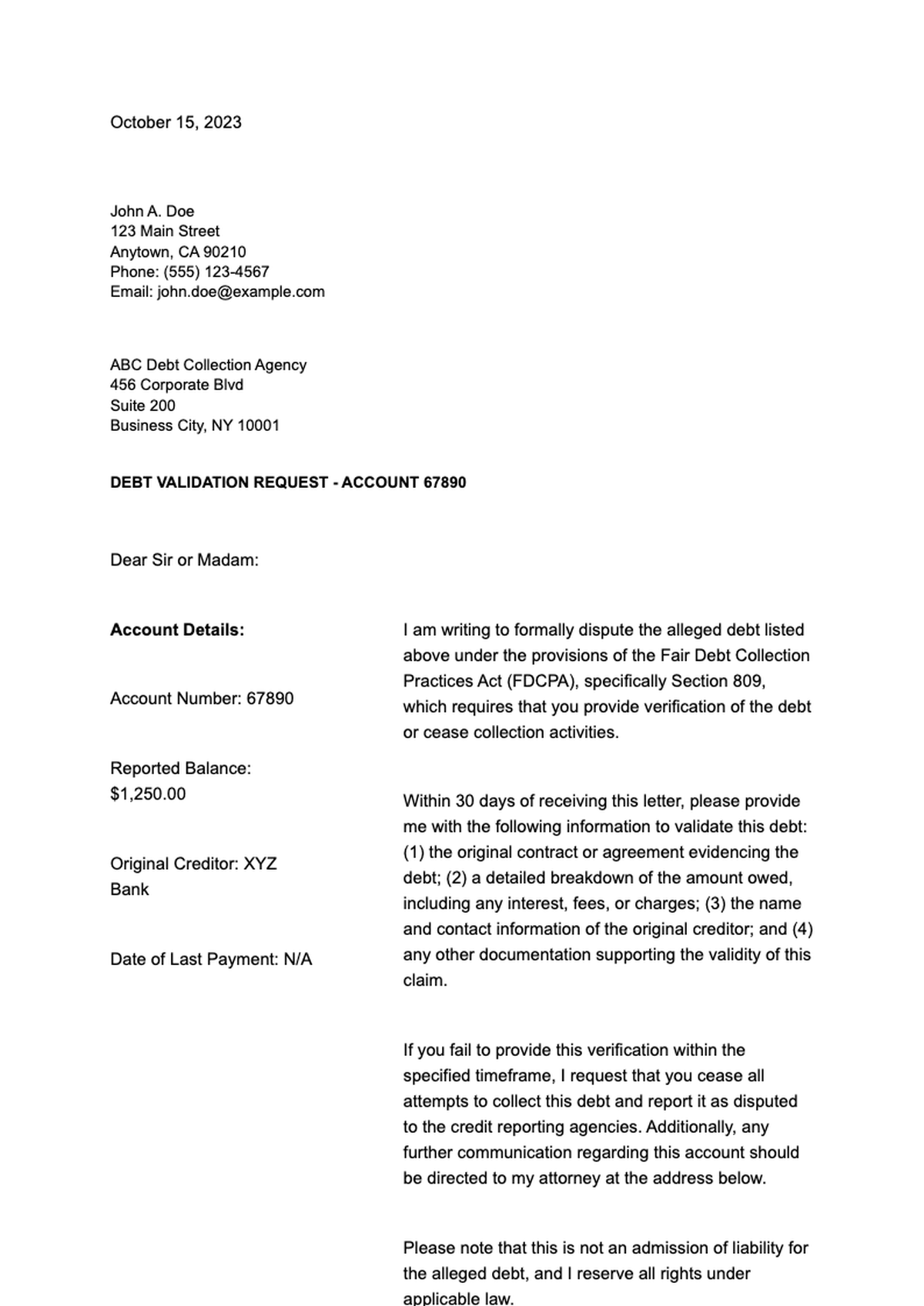Debt dispute letter template with FDCPA validation request and editable formats for A4 and US Letter_variant_2